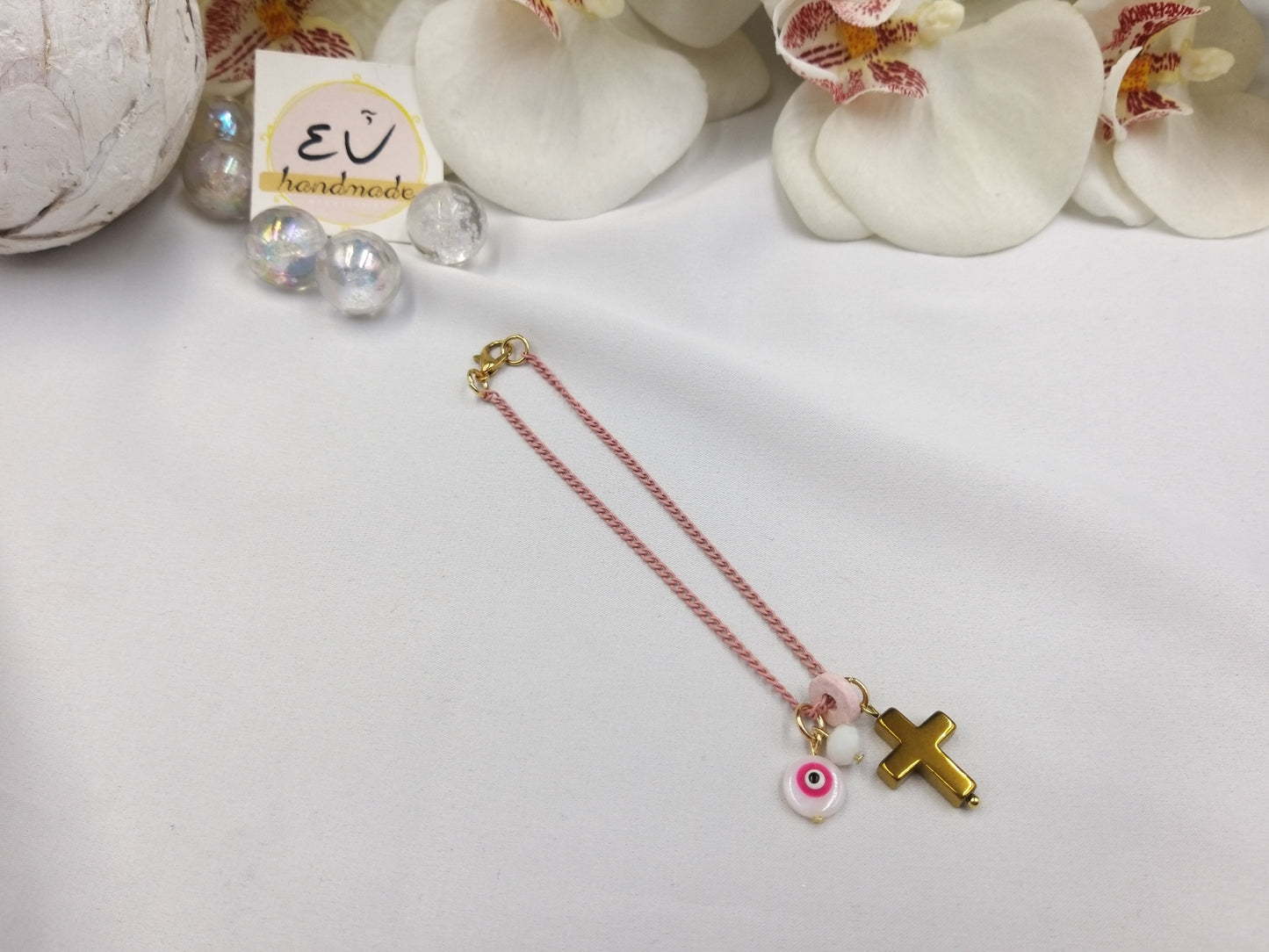 Χειροποίητο γούρι αυτοκινήτου με σταυρό από αιματίτη και ροζ αλυσίδα