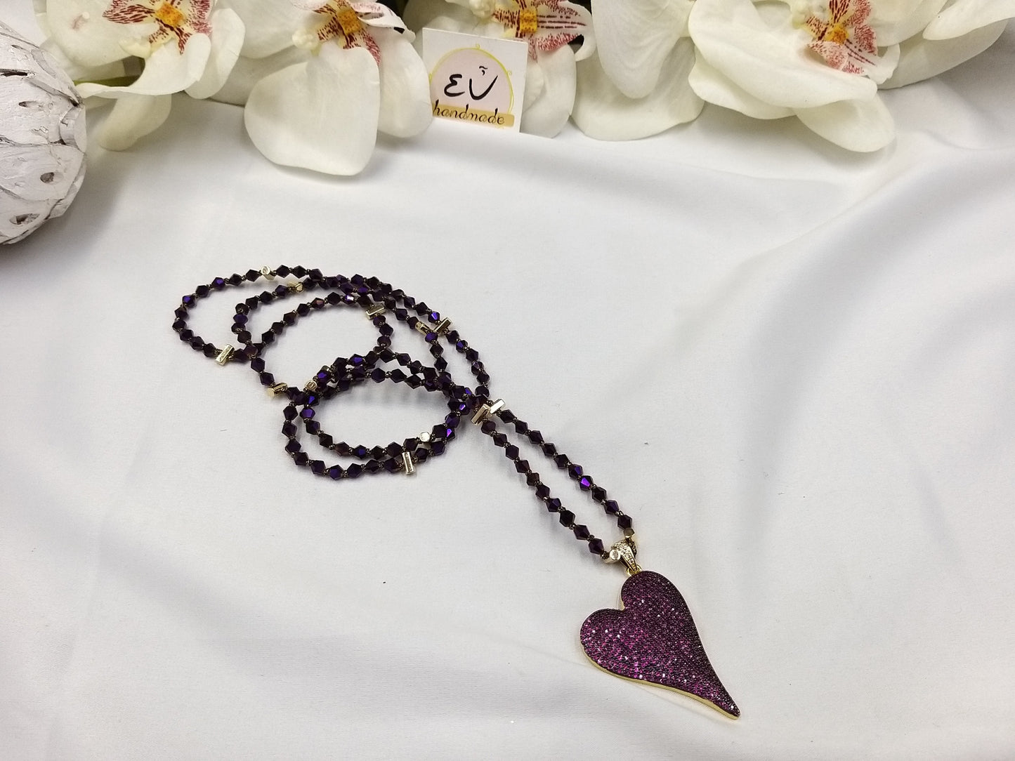 Χειροποίητο μακρύ κολιέ καρδιά με χρωματιστό ζιργκόν