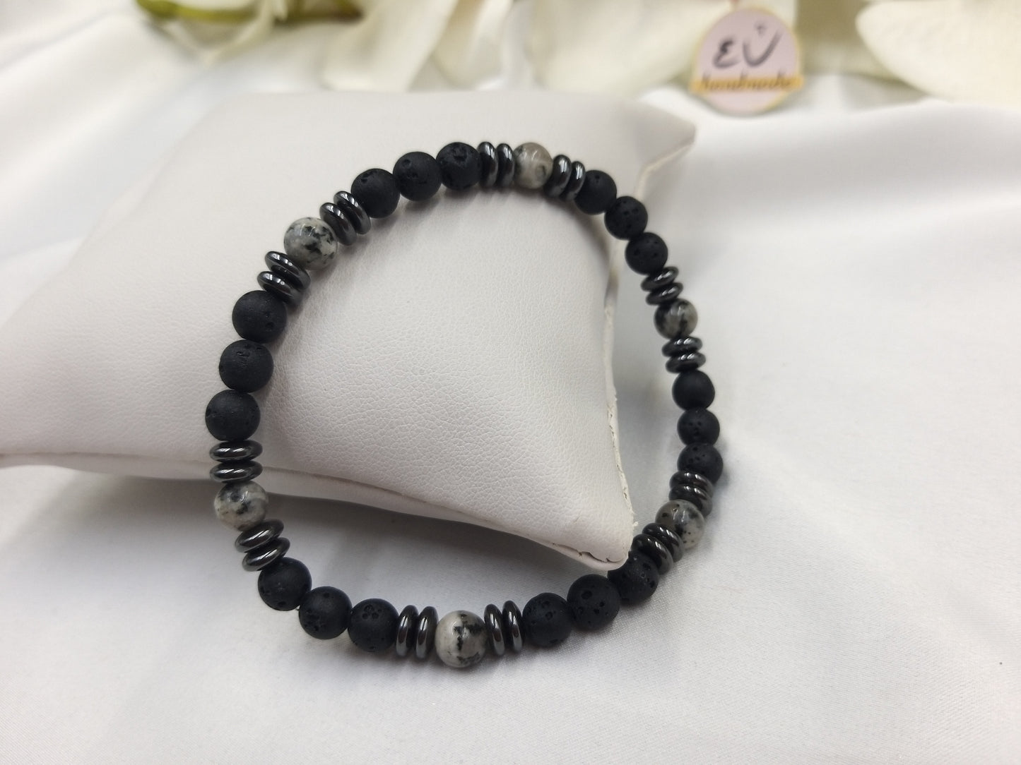 Χειροποίητο ανδρικό βραχιόλι με γκρι αχάτη και πέτρες λάβας