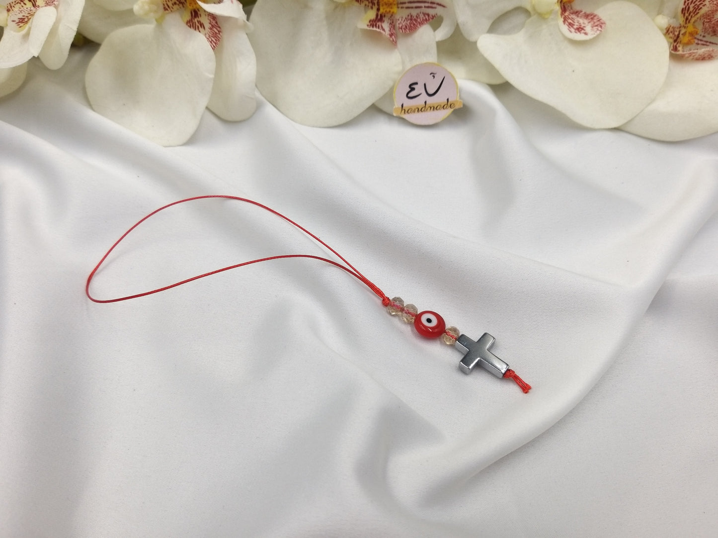 Χειροποίητο γούρι αυτοκινήτου με βαμβακερό κορδόνι, κρύσταλλα και μάτι κόκκινο