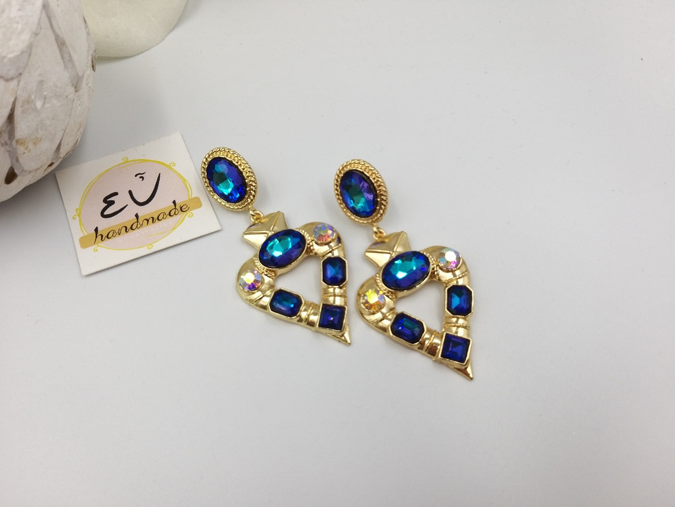 Χειροποίητα σκουλαρίκια καρδιά με μπλε κρύσταλλα και ζιργκόν