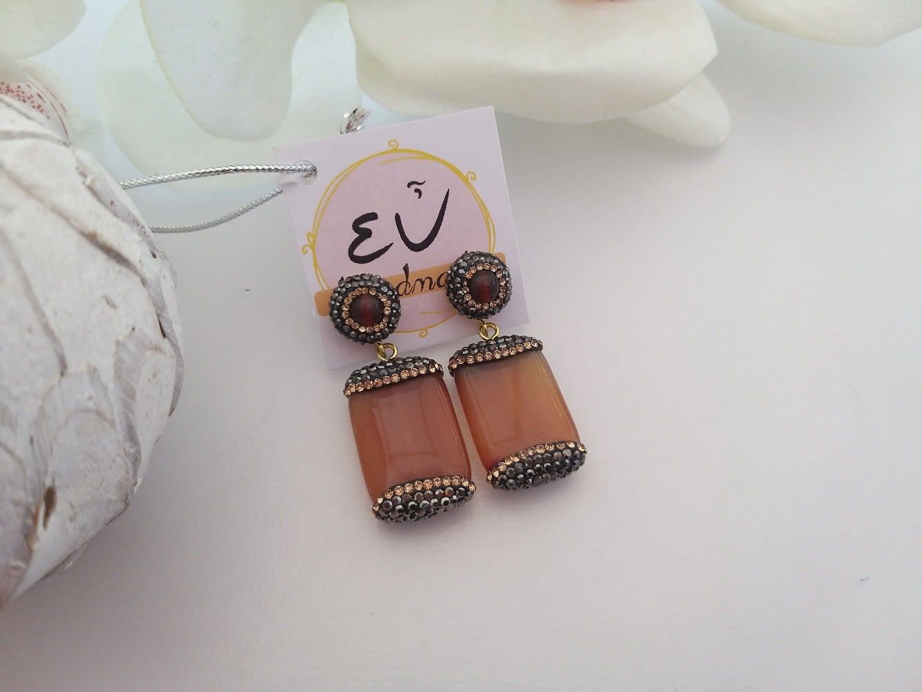 Χειροποίητα σκουλαρίκια με πέτρες κορνεόλης και μαρκασίτη