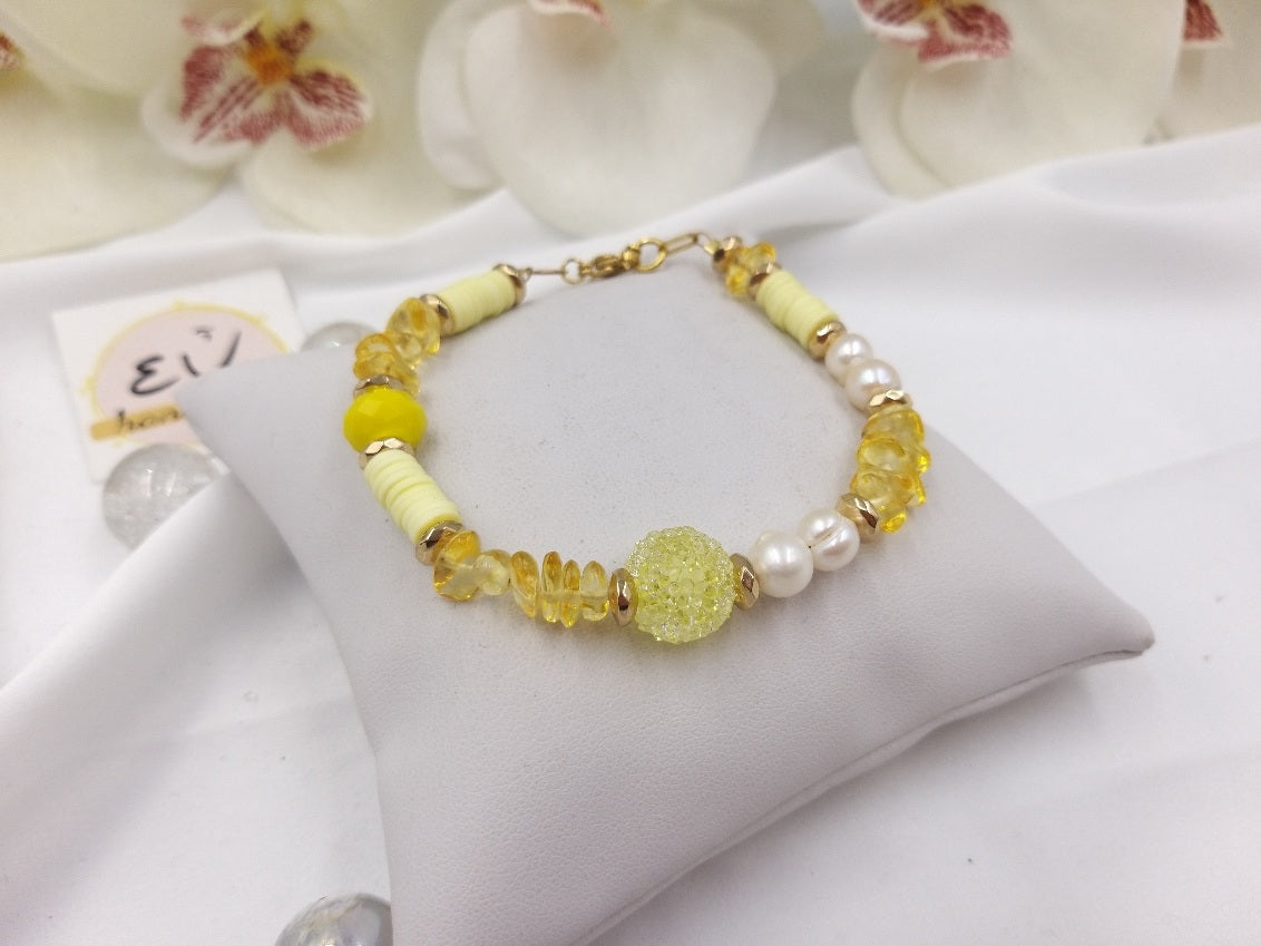 Χειροποίητο βραχιόλι με ακρυλική στρογγυλή πέτρα κίτρινη