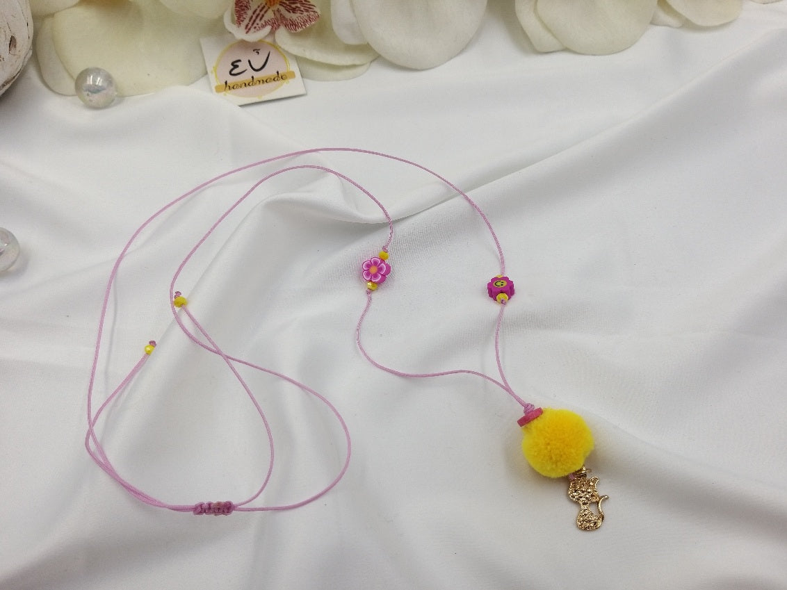 Χειροποίητο παιδικό κολιέ για κορίτσι με κίτρινο πον πον και χρυσαφί γατούλα