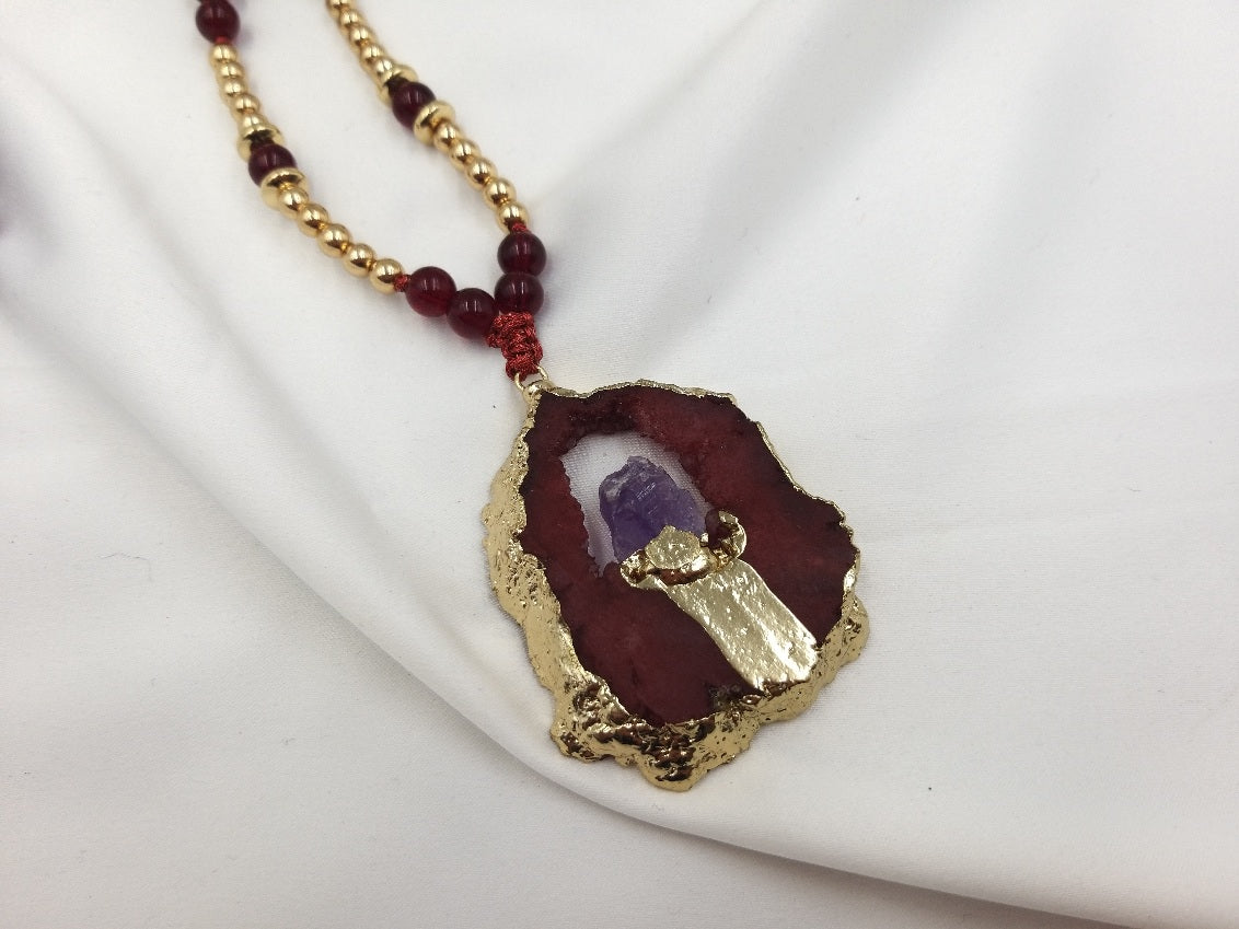 Χειροποίητο γυναικείο κολιέ με μπορντό αχάτη και πέτρα αμέθυστου