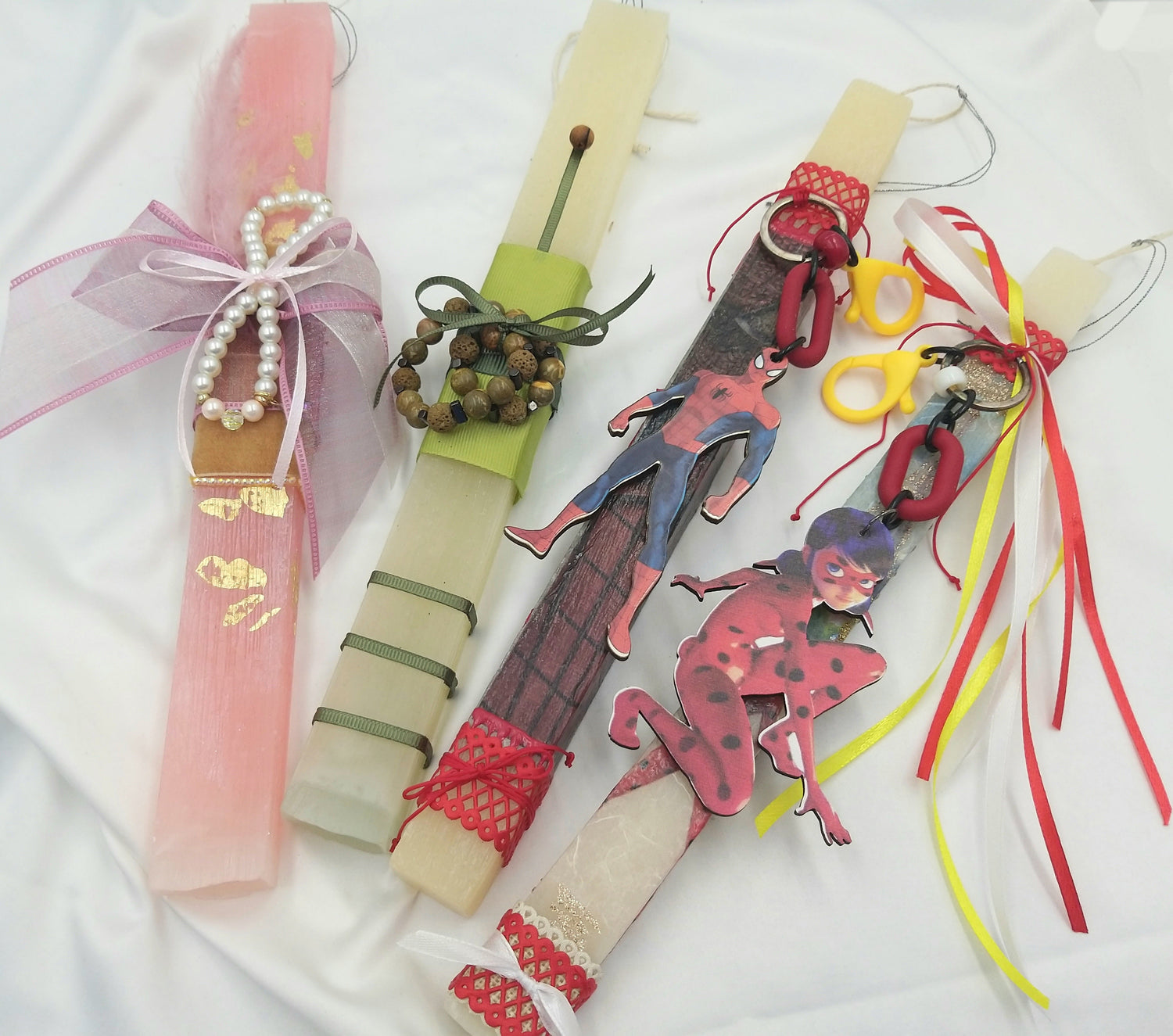 Χειροποίητες πασχαλινές λαμπάδες για γυναίκα, άνδρα και παιδί με πέρλες, φυσικές πέτρες και παιδικά θέματα