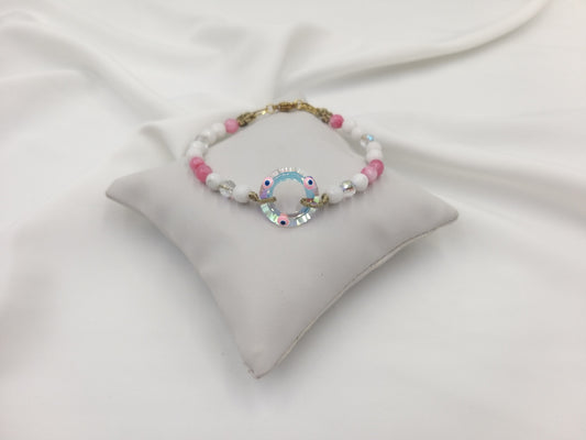 Χειροποίητο βραχιόλι κρίκος γυάλινος με μάτι και πέτρες αχάτη