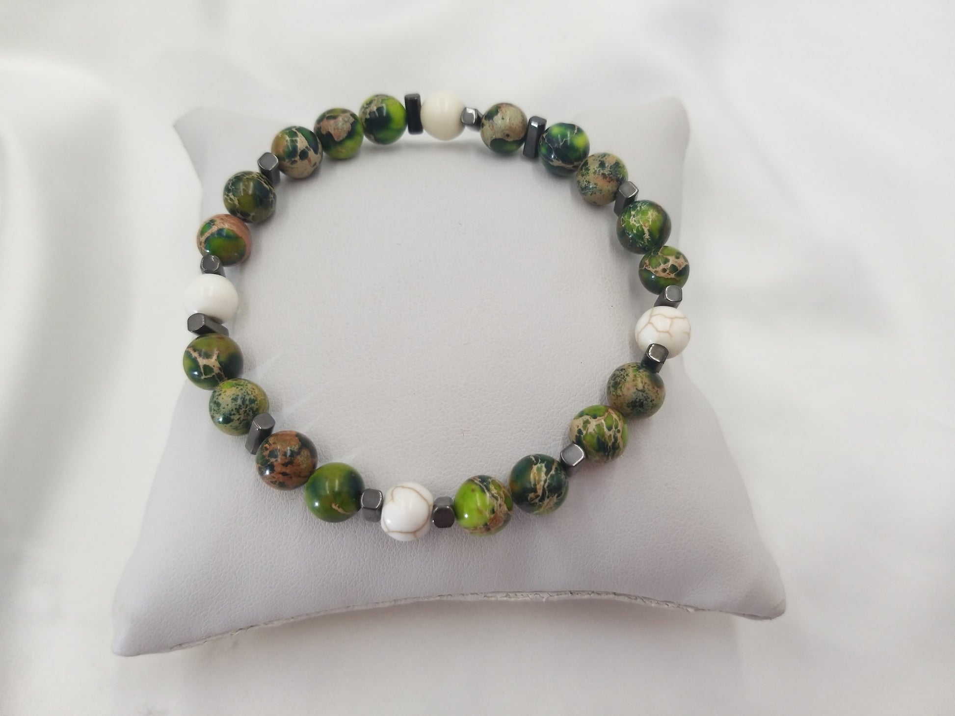 Ανδρικό βραχιόλι 8mm με πράσινο ίασπι dragon, χαολίτη και αιματίτη σε γήινους τόνους