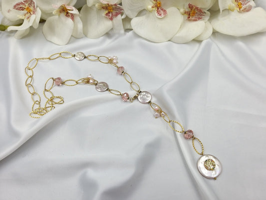 χειροποίητο μακρύ κολιέ με ροζ μαργαριτάρια και δέντρο της ζωής euhandmade