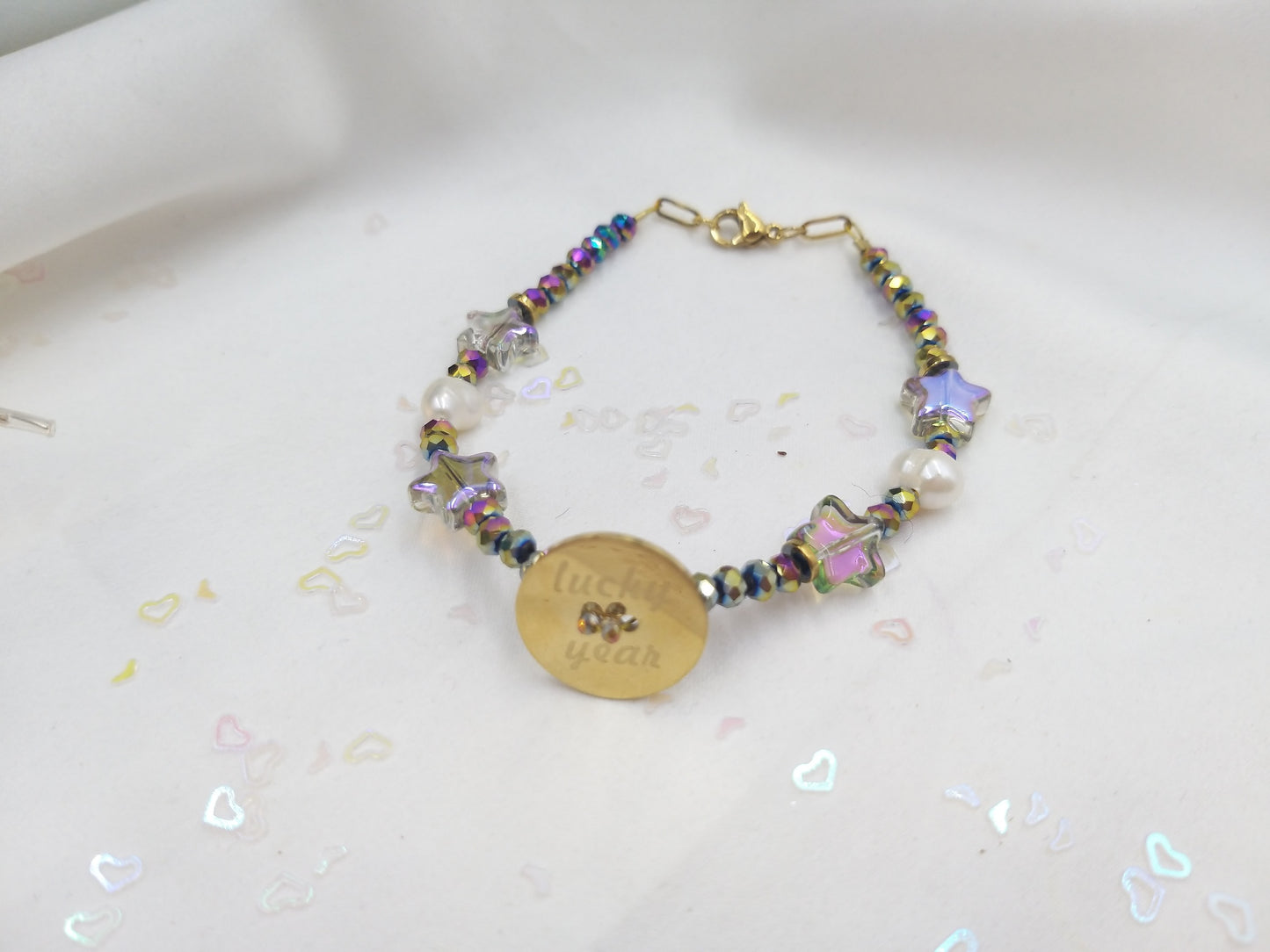 Χειροποίητο βραχιόλι Lucky Year με πέρλες, λιλά- μωβ  κρύσταλλα και ατσάλινο στοιχείο lucky year – euhandmade