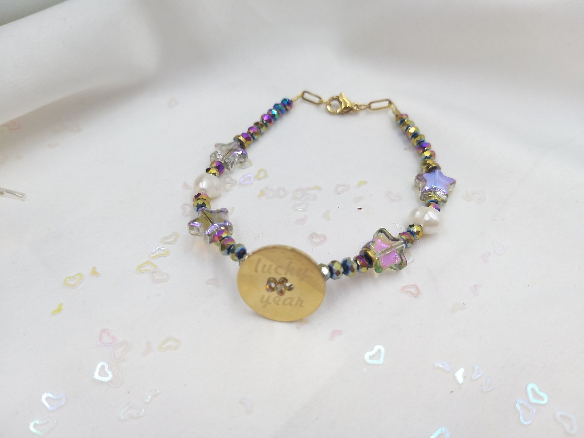 Χειροποίητο βραχιόλι Lucky Year με πέρλες, λιλά- μωβ  κρύσταλλα και ατσάλινο στοιχείο lucky year – euhandmade