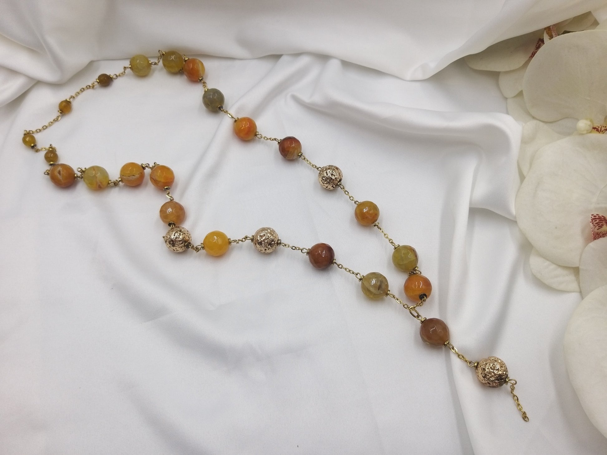 Μακρύ χειροποίητο κολιέ με κίτρινο και καφέ αχάτη