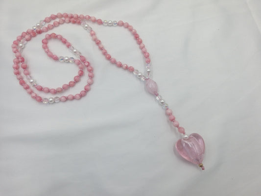 Χειροποίητο ροζ κολιέ με Murano καρδιά και πέτρες jade από το euhandmade