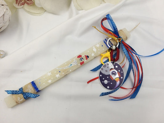 Πασχαλινή λαμπάδα Διάστημα με μπρελόκ πύραυλο σε ιβουάρ βάση