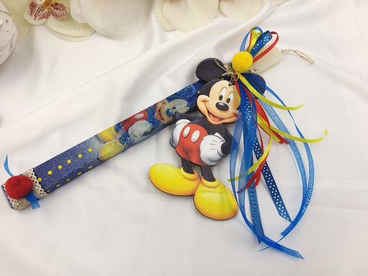 Πασχαλινή λαμπάδα Μίκυ Μάους ιβουάρ με μπλε και κόκκινες κορδέλες