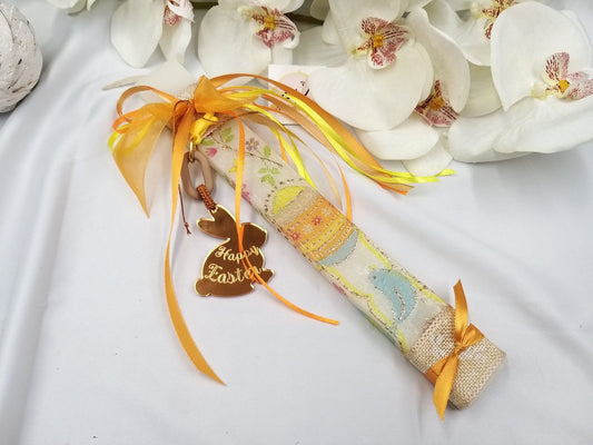 Πασχαλινή λαμπάδα μπεζ με πορτοκαλί κουνελάκι plexiglass