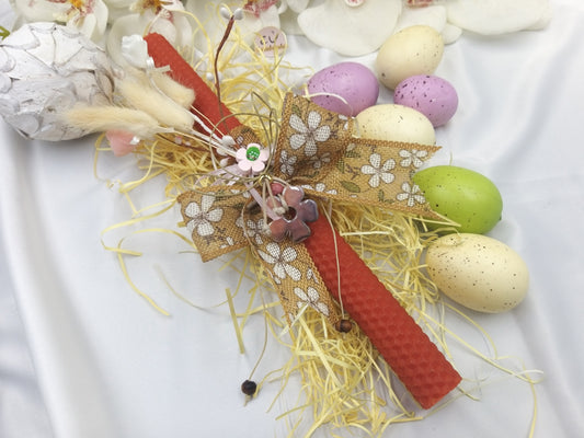 Πασχαλινή λαμπάδα πορτοκαλί κυρήθρα με κεραμικό λουλούδι