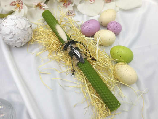 Πασχαλινή λαμπάδα πράσινη κυρήθρα με ασημί φτερό ανδρικό κόσμημα