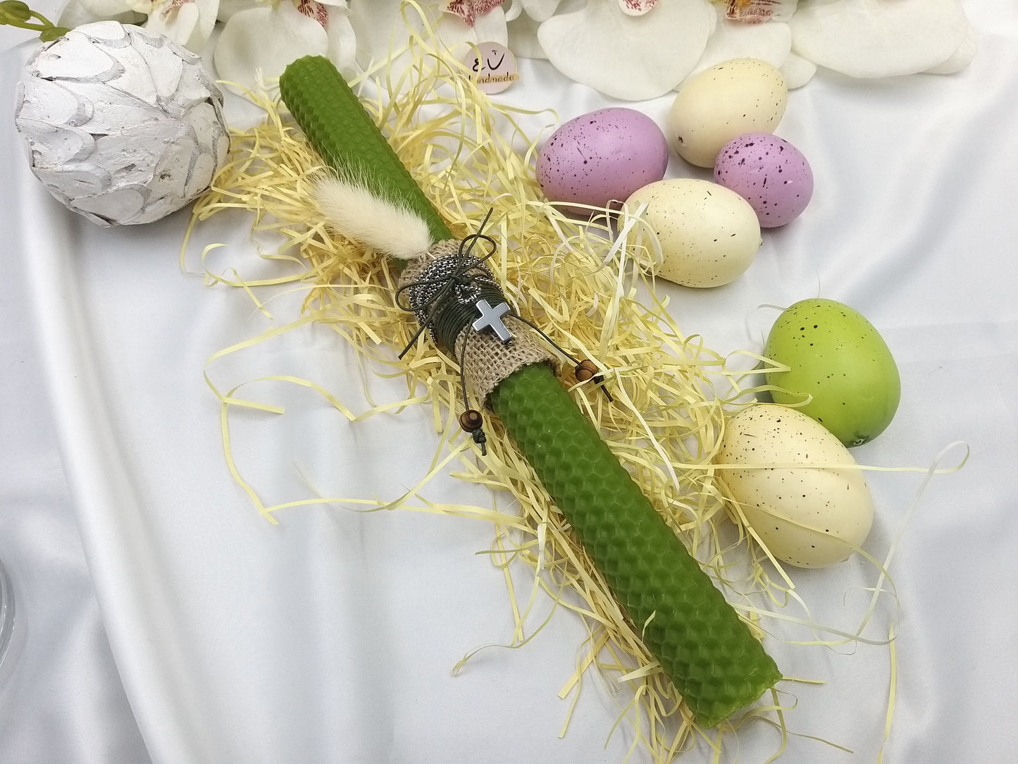 Πασχαλινή λαμπάδα πράσινη κυρήθρα με ασημί σταυρό αιματίτη ανδρική