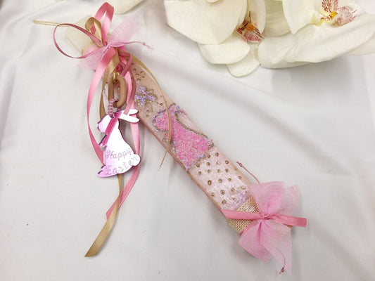 Πασχαλινή λαμπάδα μπεζ με ροζ κουνελάκι plexiglass Happy Easter