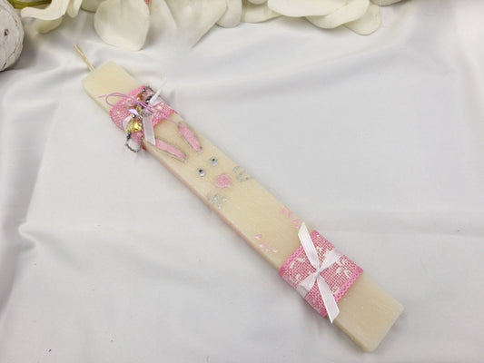 Πασχαλινή λαμπάδα μπεζ με ζωγραφισμένο ροζ κουνέλι και βραχιόλι