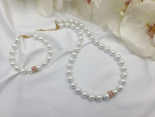 Σετ κοσμημάτων λευκές πέρλες με ροζ ζιργκόν