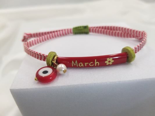 Χειροποίητο βραχιόλι Μάρτη με στοιχείο March, ματάκι και πράσινη κεραμική ροδέλα