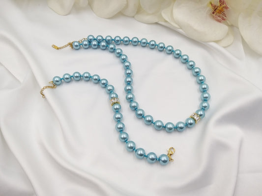 Χειροποίητο σετ κοσμημάτων με γαλάζιες πέρλες, κολιέ και βραχιόλι με ζιργκόν – euhandmade