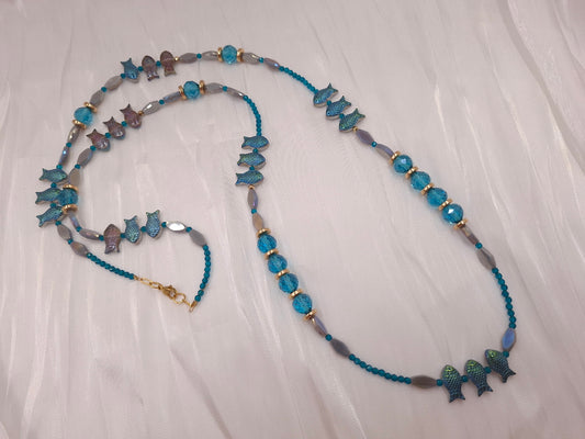 Χειροποίητο μακρύ κολιέ Crystal Fish σε μωβ και πετρόλ – euhandmade