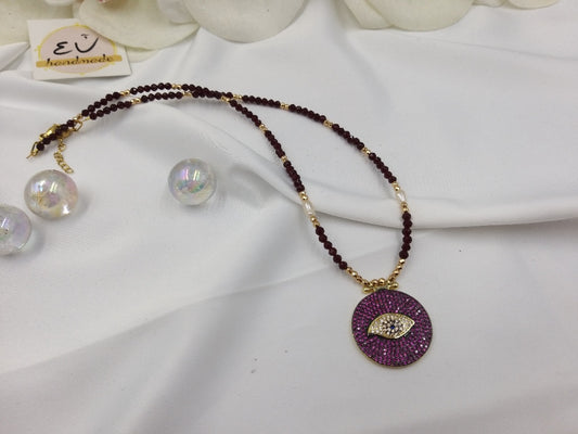 Χειροποίητο γυναικείο κοντό κολιέ στρογγυλό, μάτι με ζιργκόν