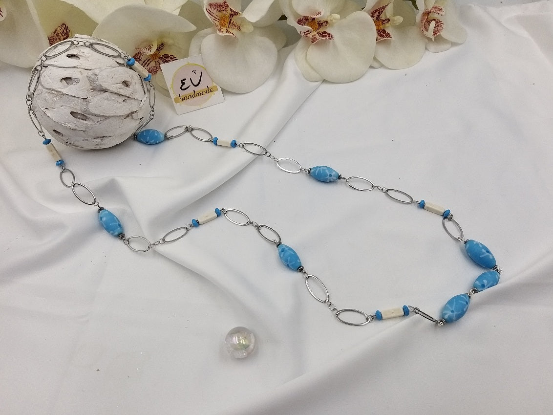 Χειροποίητο μακρύ κολιέ με γαλάζια κρύσταλλα μουράνο και ατσάλινη αλυσίδα