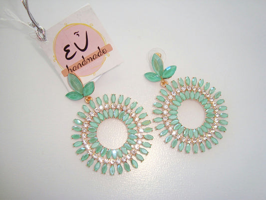 Χειροποίητα σκουλαρίκια κρίκος με διπλή σειρά πέτρες στρας σε βεραμάν